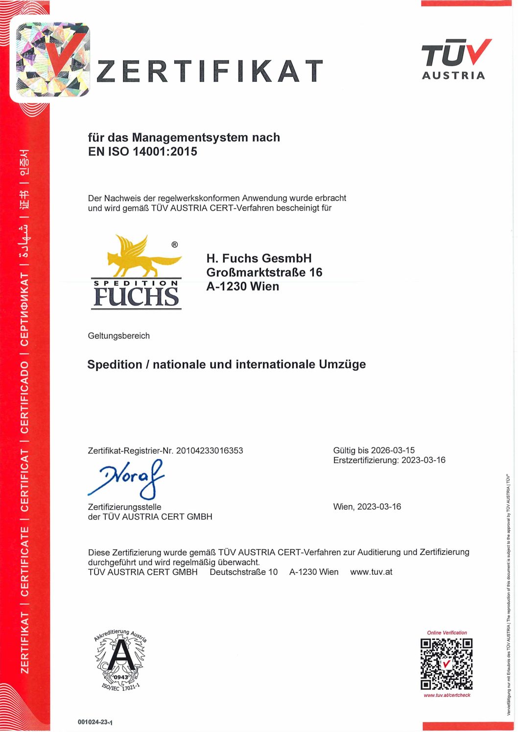 TÜV Umweltmanagementsystem Zertifikat Deutsch